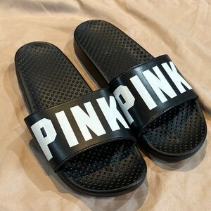 Black Slide Sandals with White PINK Logo